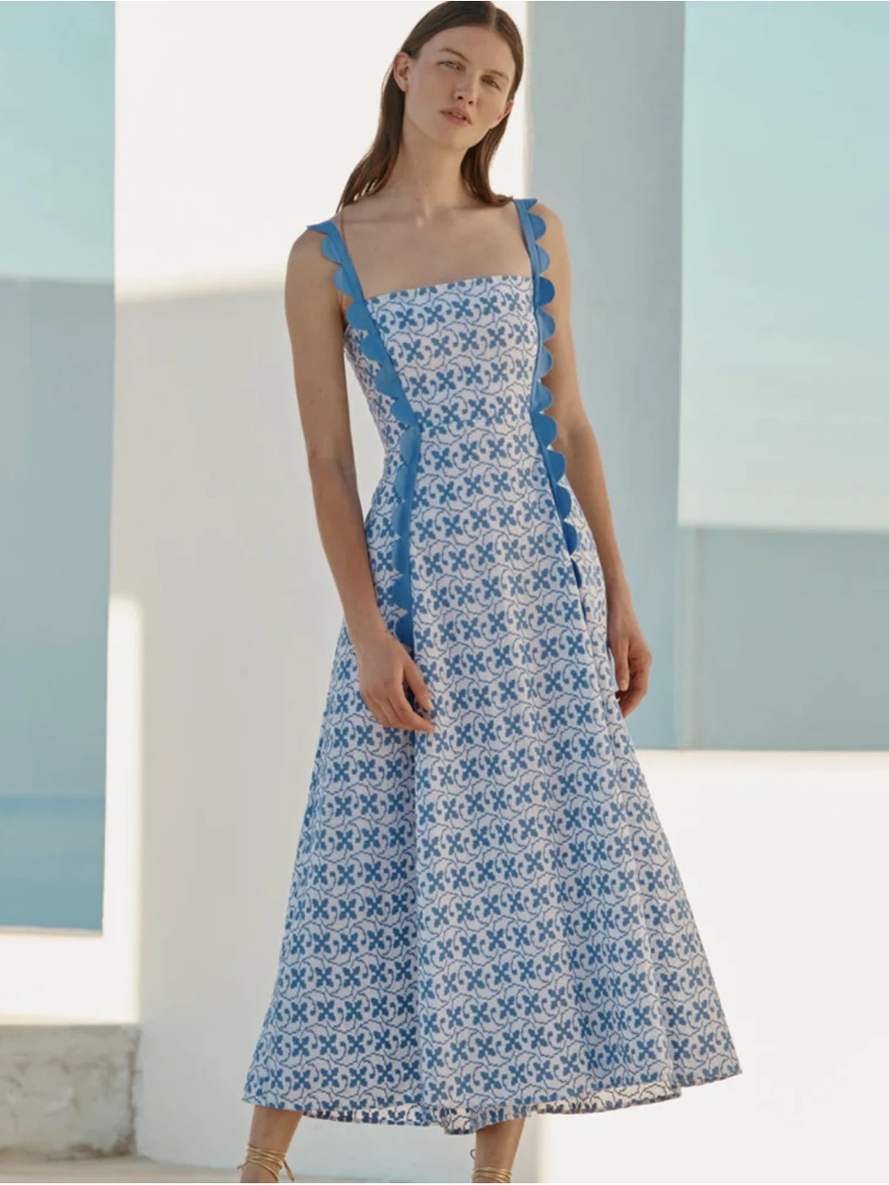 Wiggy Kit Blue Patterned Apron Maxi Dress with Scalloped Straps